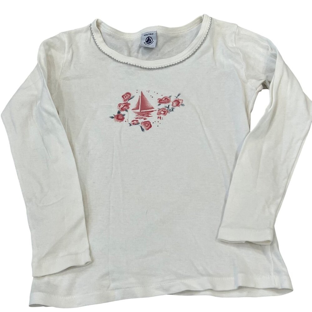 Petit Bateau Girls Long Sleeve White Top With Sailboat & Floral Design Size 6